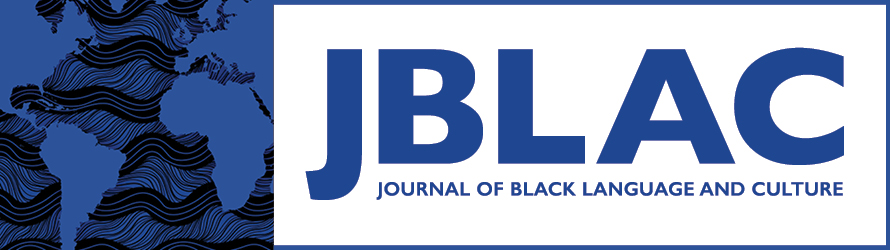 Banner with dark blue and black map of the world with the water represented as wavy lines that could also be dreads or braids. On the right side of the banner, the letters "JBLAC" appear in all caps, with "Journal of Black Language and Culture" below them.