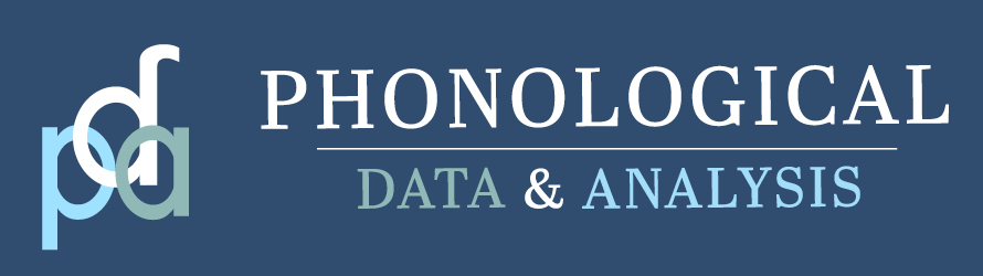 Journal banner - dark blue background with the words "Phonological Data & Analysis" in white, grey geen, and light blue. On the left, the letters P, D, and A are arranged as an interlocking emblem
